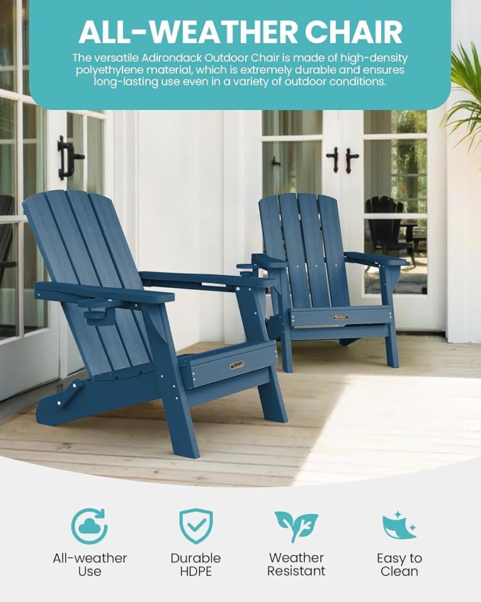 Folding Adirondack Chair 2 Pack, HDPE All-Weather Fire Pit Chairs, Plastic Adirondack Chairs with 2 Cup Holder, Outdoor Lawn Chair for Patio Garden (New Blue)