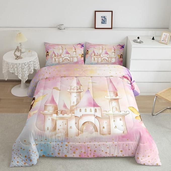 Erosebridal Princess Twin Bedding Sets for Girls,Pink Castle Fairy Comforter Set Kids Bedroom Decor,Dreamy Princess Bed Set,Fairy Garden Coquette Comforter Reversible with 1 Pillowcase,Ultra Soft