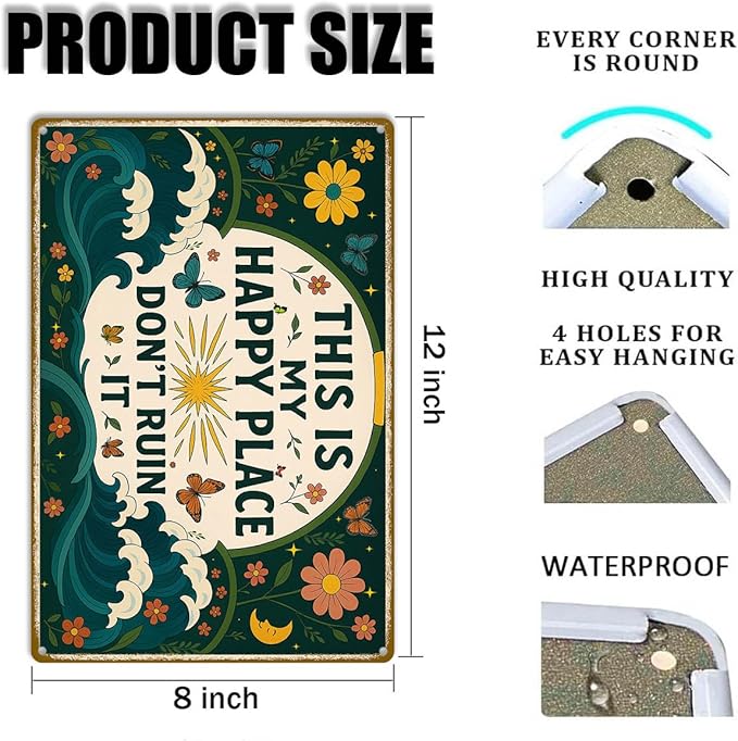 This is My Happy Place Sign – Vintage Metal Tin Wall Art 8x12 Inch – Funny Garden or Home Decor for Fence, Kitchen, or Bedroom – Farmhouse Happy Place Welcome Sign for Outdoor or Indoor Use