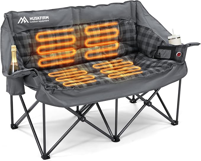 Heated Double Camping Chair, Oversized Camping Loveseat with 4 Heating Zones and 3 Temperature Settings, Portable Heated Double Chair for Outdoor Use（Battery Not Included）