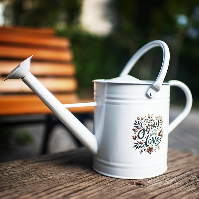 1 Gal Galvanized Steel Watering Can Decorative Farmhouse Style Watering Can, Removable Rosette-Diffuser, Perfect for Indoor and Outdoor Use (1 Gallon White with Floral Design, 1 Gallon)