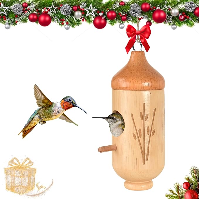 Hummingbird House, Solid Wood Hummingbird Houses for Outside-Exquisitely Handcrafted Birdhouse with Ribbon and String Hanging Kit, Durable Garden Decor, Perfect Gardening Gift(Style-F, 1 Pack)