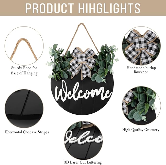 3D Front Door Welcome Wreath - Farmhouse Welcome Sign for Front Door - Vertical Concave Stripes Wooden Front Door Wreaths for Home Decor(Black) - Housewarming Gift