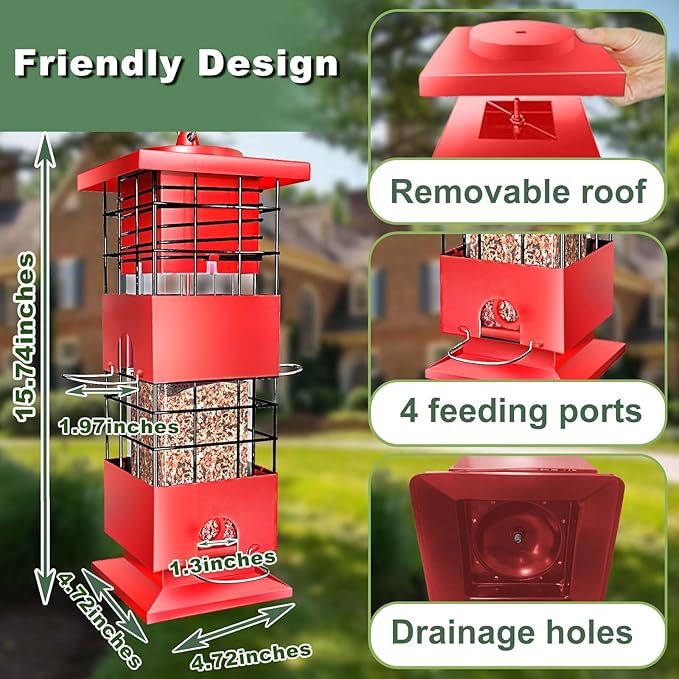 Bird Feeder Squirrel Proof for Outdoors Hanging, 3Lbs Metal Heavy Duty Birdfeeder with 4 Feeding Ports, Wild Birds Seed Feeder for Cardinal, Finch, Sparrow (Red)