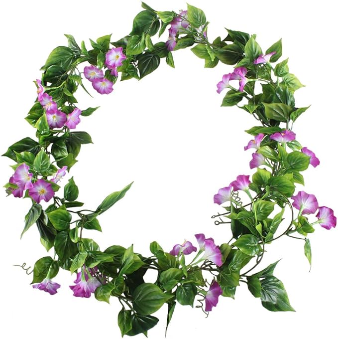 GTIDEA 2Pcs Artificial Vines,15Feet Morning Glory Hanging Plants Silk Garland Fake Green Plant Home Garden Wall Fence Stairway Outdoor Wedding Hanging Baskets Decor Purple