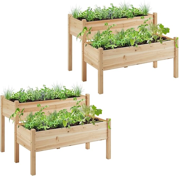 Yaheetech 47x41x30in Wooden Raised Garden Bed Horticulture 2 Tiers Elevated Planter Grow Box for Herb with Legs & Drainage Holes, 2pcs