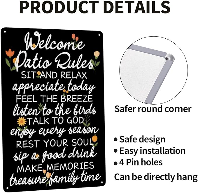 Welcome Patio Rules Vintage Metal Tin Sign Retro Rustproof Funny Art Wall Decor Gift for Home Patio 8x12 Inch