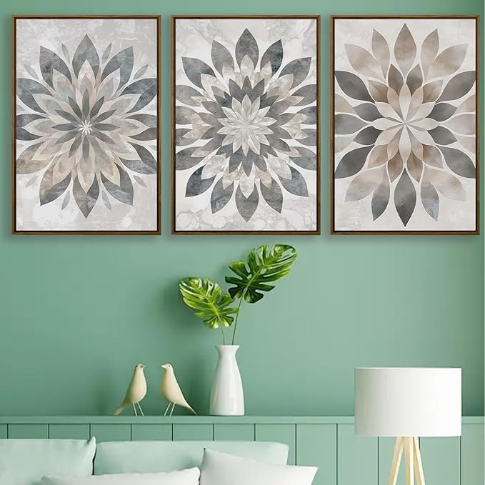 QTUSYUR Boho Mandala Wall Art - Large Farmed Neutral Minimalist Art Print - Farmhouse Floral Canvas Artwork for Bedroom and Living Room- Modern Elegant Flower Wall Pictures for Home Decor 16”×24”×3