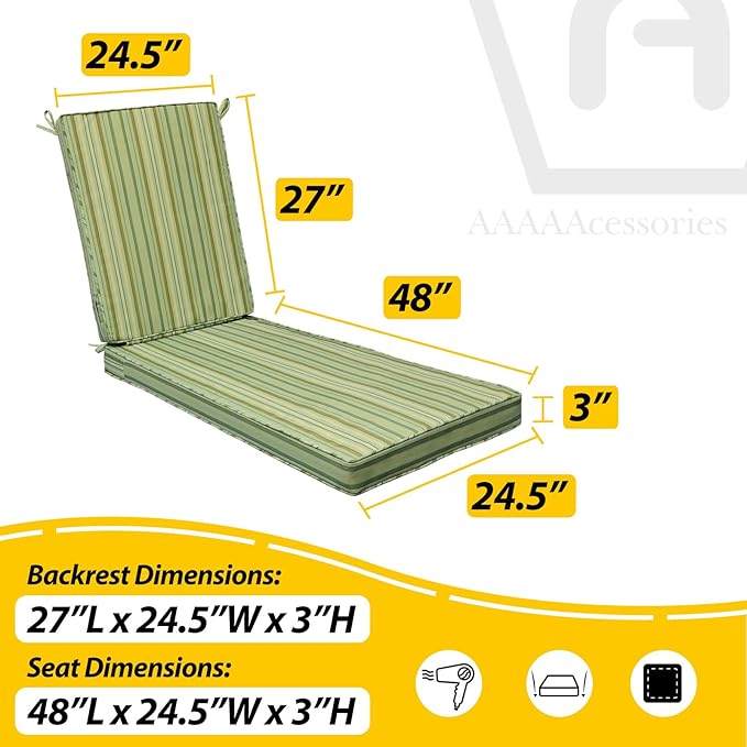 AAAAAcessories Outdoor Chaise Lounge Cushions, Fade-Resistant, Waterproof Patio Furniture Replacement Cushions, 75" x 24.5" x 3", Mossy Forest Stripe