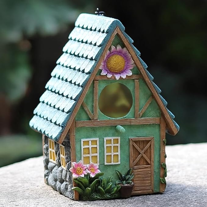 Bird Houses for Outside Cottage-Style Hanging Birdhouse with Flower Accents – Hand-Painted Resin Decorative Birdhouses for Outdoors for Bluebird Finches Cardinals Bird Nesting Garden, Patio, Yard