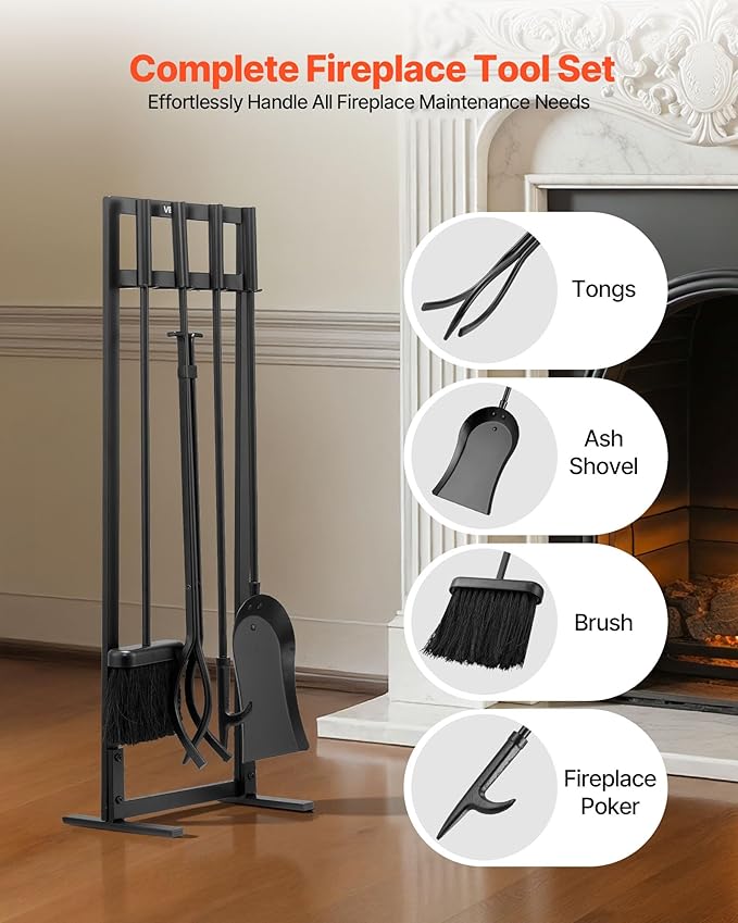 VEVOR Fireplace Tool Set, 5 PCS Fire Tool Set and Holder with Square-Frame Stand, Tongs, Ash Shovel, Brush, Fire Place Poker, Wrought Iron Steel Fireplace Accessories for Indoor/Outdoor, Black