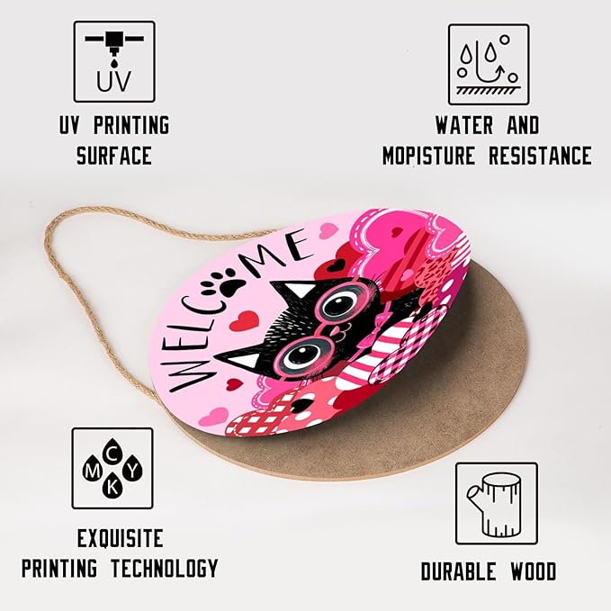 Welcome Valentine's Day Black Cat Door Sign For Front Door Decor,Pink Love Heart Wooden Sign 12"x 12" Round Wood Hanging Door Sign Anniversary Wedding Decoration for Wall Rustic Decor