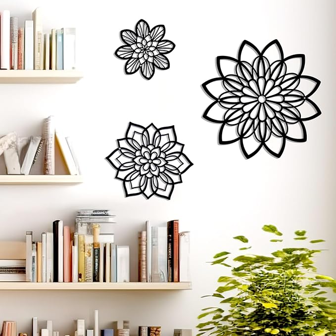 Zzbakress 3 Pieces Metal Flowers Wall Decor, Black Wall Decors, Flower Art Wall Decor Farmhouse Wall Decoration Multiple Flowers Hanging Decor for Bathroom Living Room Garden Office (Black Elegant)