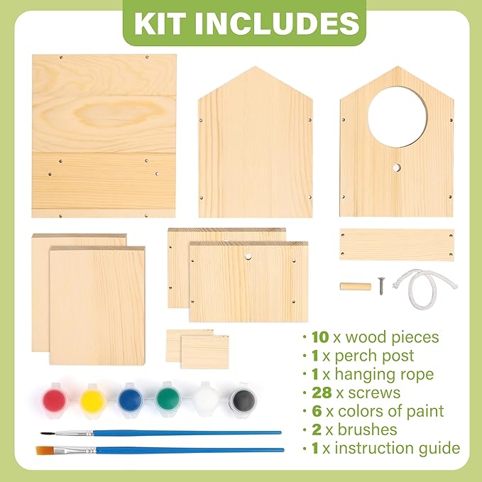 LotFancy Bird House Kit, 2 Pack, DIY Wooden Birdhouse Kits, Arts and Crafts Painting Kit for Kids, Build and Paint, Including Paints & Brushes