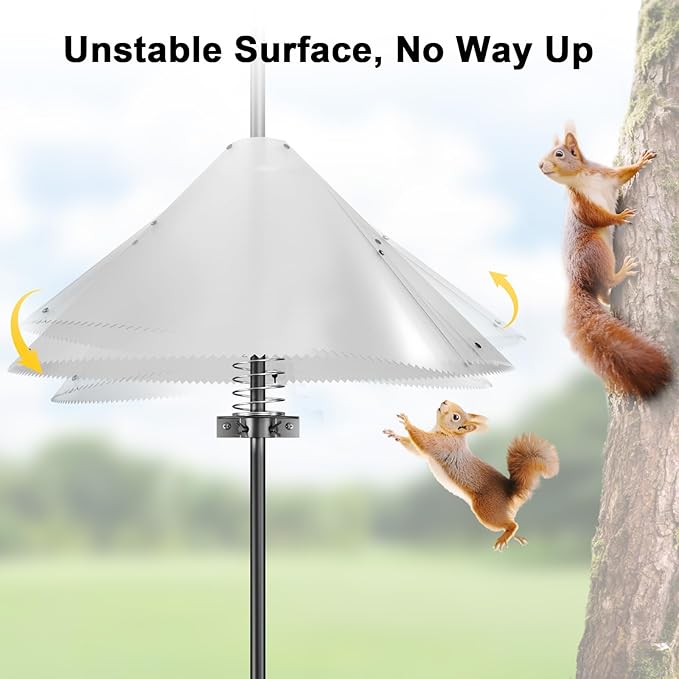 Squirrel Baffle for Bird Feeder Pole – Upgrade Spring-Motion for Effective Squirrels Defense, PC Squirrel Guard Stopper for Outdoor Shepherd's Hook, 19 Inch, Metal Buckle