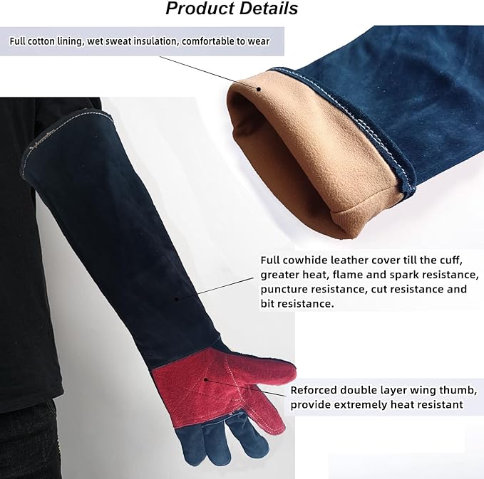 23.6" Inch Long Sleeves Welding Safety Gloves, Heat Resistant Stove Fire And Barbecue Gloves, Bite Proof Animal Handling(Black)