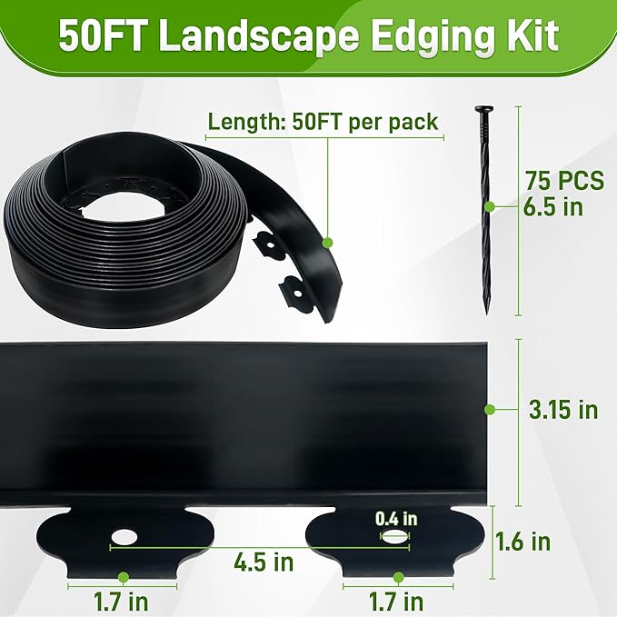 3.15" x 50' No Dig Landscape Edging, Plastic Garden Edging Borders with 75 Anchoring Spikes, Flexible Lawn Edging for Landscaping Garden Flower Beds Grass Yard Paver Pathway, Black