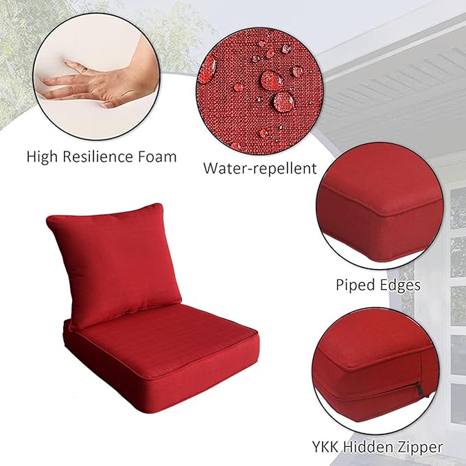 COZYVIDA Outdoor Deep Seat Cushion Set of 1, 24"x24" Seat & 25"x22.5" Back, C0 Water-Resistant Breathable Polyester, UV-Resistant 1000+ Hrs, 30D Foam with Recycled Fiber Fill,Chili