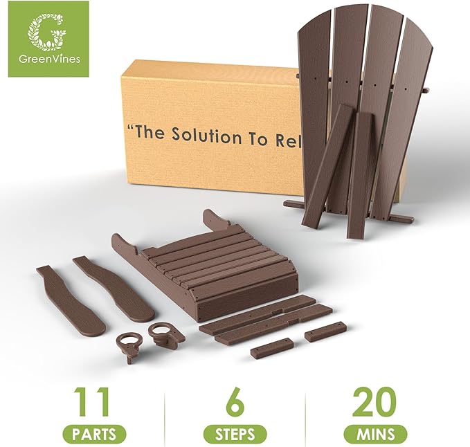 GREENVINES Adirondack-Chairs-with-Ottoman | Set of 6 | Wood Grain | Dark Brown | Folding | Retractable-Footrest | HDPE Plastic | All Weather Fire Pit Chair | Cup Holders | for Outdoor Poolside