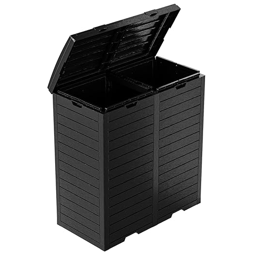 62 Gallon Outdoor Double Trash Can, Waterproof Trash Can Cabinet for Outside, Resin Garbage Bin with Lid and Drip Tray for Easy Cleaning for Patios, Kitchens（Black）