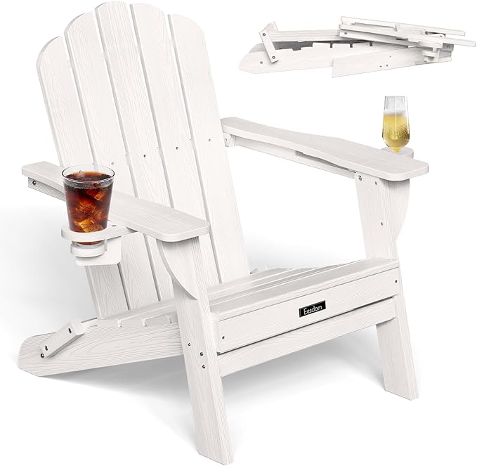 Folding Adirondack Chair, HDPE Adirondack Chair with 2 Cup Holders, Pre-Assembled Outdoor Fire Pit Chairs for Patio, Garden, Poolside, White