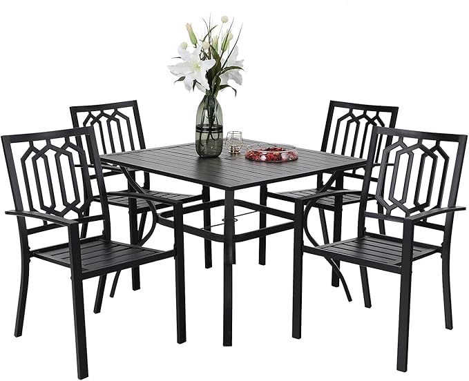 PHI VILLA 5-Piece Metal Patio Outdoor Table and Chairs Dining Set- 37" Square Bistro Table and 4 Backyard Garden Chairs, Table with 1.57" Umbrella Hole