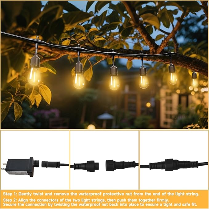 Outdoor Safety String Lights 150FT - Commercial Grade Low Voltage Strand with 60 S14 Shatterproof Bulbs for Tree Garden Yard bistro Cafe | Warm Yellow 3500K Party Lights | IP65 Waterproof | UL Listed