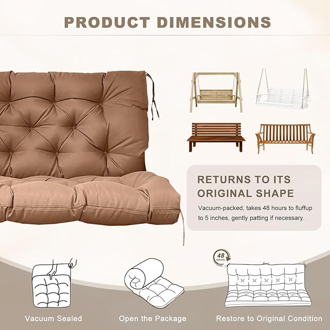 Porch Swing Cushion with Backrest,Waterproof Bench Cushion for Outdoor Furniture,2-3 Seater Replacement Thickened swing cushion with Ties,Patio,Outdoor,Backyard and Garden (Light Coffee,60x40")