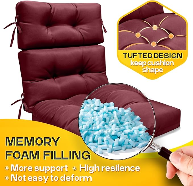 MAGIC ELEPHANT High Back Chair Cushion, Indoor Outdoor Memory Foam Chair Cushion with Ties for Adirondack and Rocking Chair, Waterproof Replacement Patio Cushion for Chair (Red)