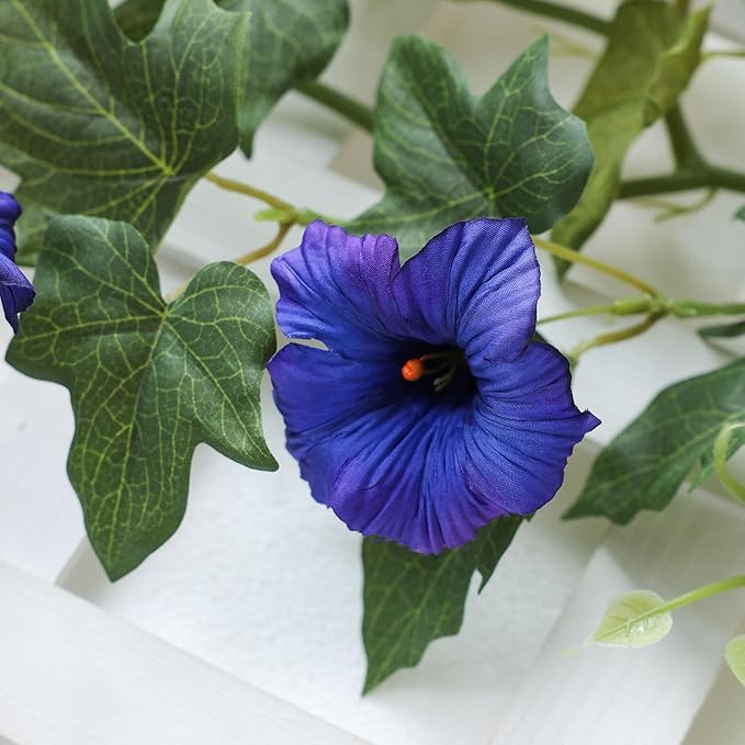 Mizii Artificial Petunias Flower Vines Garland 6 Feet Blue Faux Morning Glory Silk Flowers Garland UV Resistant Fake Hanging Vines Plants Decorations for Outdoor Garden Indoor Home Decor (Blue)