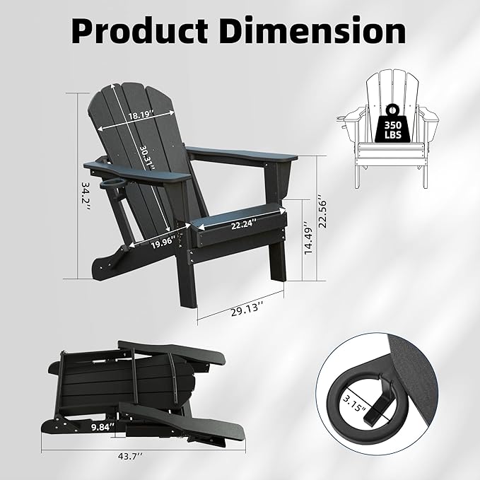 Domi Folding Adirondack Chairs Set of 4, HDPE All-Weather Outdoor Chairs with Cup Holder, Wooden Textured Fire Pit Chairs for Backyard, Patio, Poolside & Deck, Black