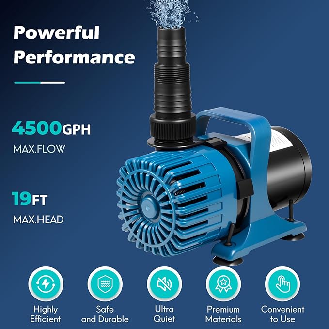 220W 4500GPH Pond Pumps for Outdoor Ponds with 180° AdjustablOutlet, 20FT Power Cord & Barrier Bag, Ultra-Quiet Fountain Pump, Waterfall Pump, UL Listed