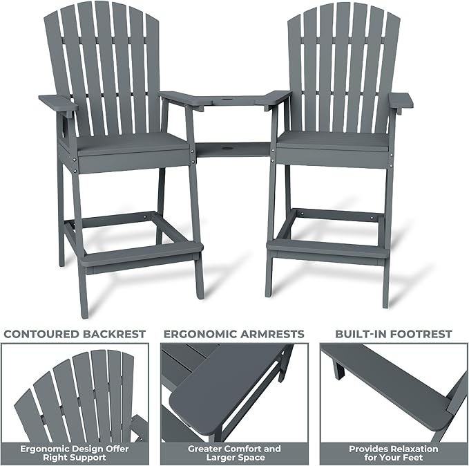 GarveeLife Outdoor Bar Height Adirondack Chairs with Connecting Tray, Balcony Chairs Adirondack for Deck, Backyard, Outdoor Tall Adirondack Chairs, Patio High Set of 4, Dark Grey