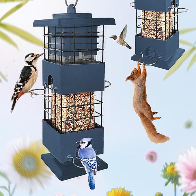 Squirrel Proof Bird Feeder for Outdoors Hanging,3Lbs Metal Birdfeeders Squirrel Proof with 4 Feeding Ports for Outside, Birdseed Feeder for Cardinal, Finch, Sparrow,Bluejay (Blue)