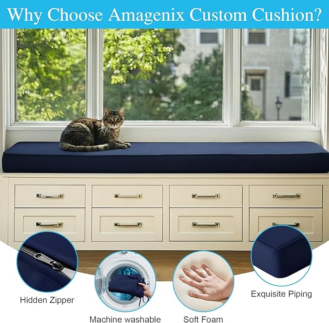 Amagenix Custom Bench Cushion for Outdoor/Indoor Furniture, Bay Window Seat/Porch/Swing Cushion, Waterproof & Fade-Resistant, Optional Non-Slip Bottom, Ties, Handle, Dual-Sided Stripes Direction