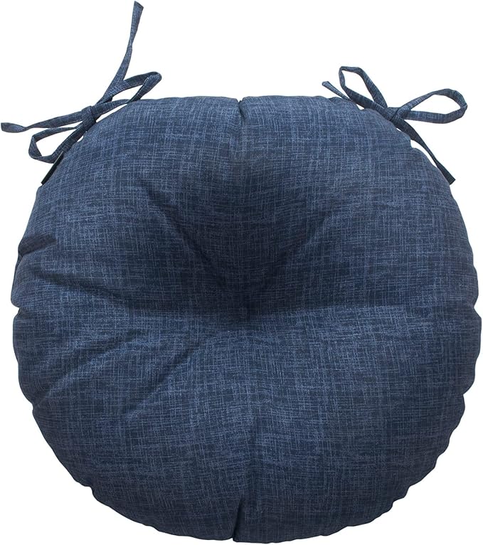 Magpie Fabrics Outdoor Round Bistro Seat Cushions with Ties, 15"x15"x4" Set of 2, Tufted Waterproof Barstool Chair Pads for Patio Home Garden Office, Navy Textured