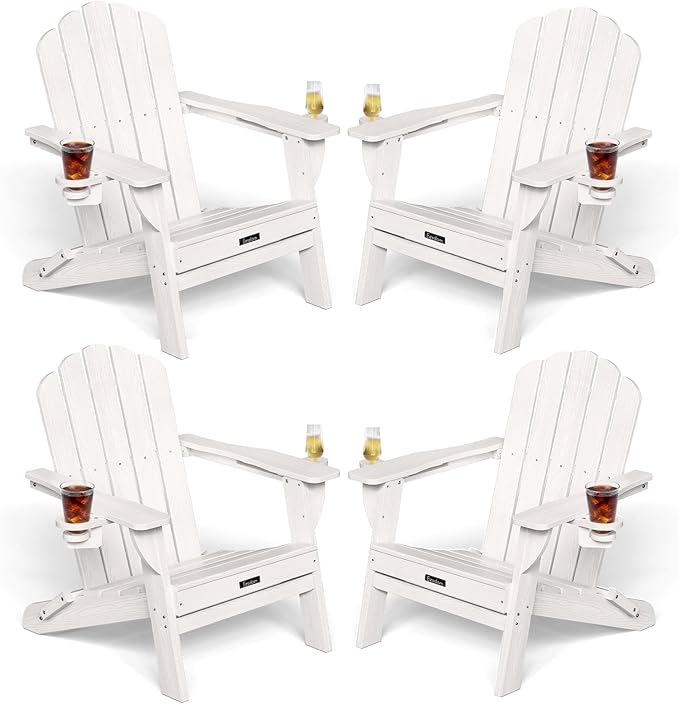 Adirondack Chairs Set of 4, HDPE Material Fire Pit Chairs, Plastic Adirondack Chairs with 2 Cup Holder, Outdoor Lawn Chair for Patio Garden, White
