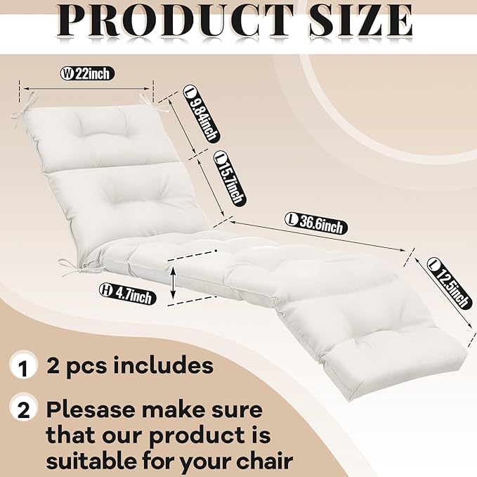 Kigley 2 Pcs Chaise Lounge Cushions 75 x 22 x 5 Inches Soft Lounge Chair Cushion Spring/Summer Seasonal Replacement for Outdoor Indoor Home Office (Ivory White)