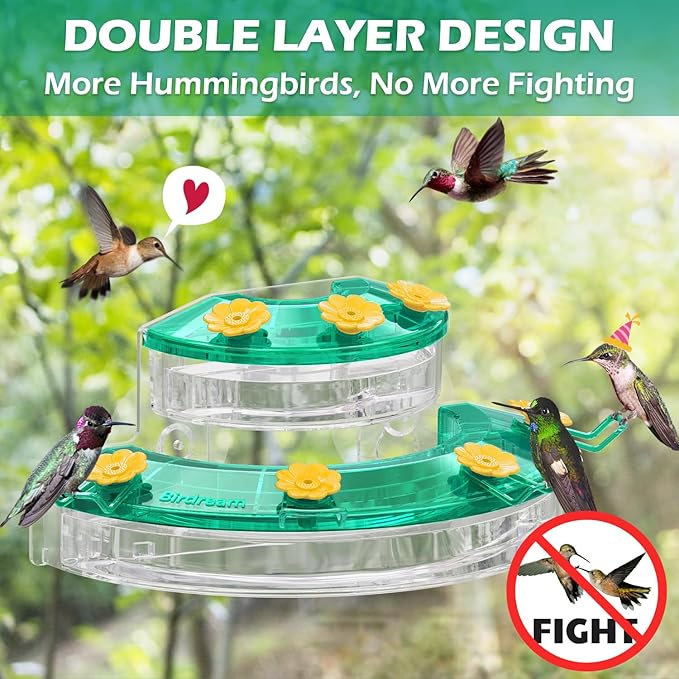 Birdream Window Hummingbird Feeders for Outdoors, with Strong Suction Cups & 7 Feeding Ports, Easy to Use and Maintain, Gift for Bird Lover, Plastic Bird Feeder, 2 Pack, 10oz Per Pack - Green