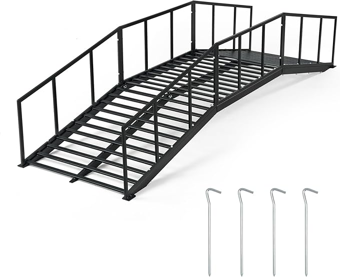 Metal Garden Bridge 8 FT with 4 Ground Stakes, 770 lbs Capacity Black Powder Coated Footbridge for Backyard, Lawn, Creek, Stream & Garden Decor