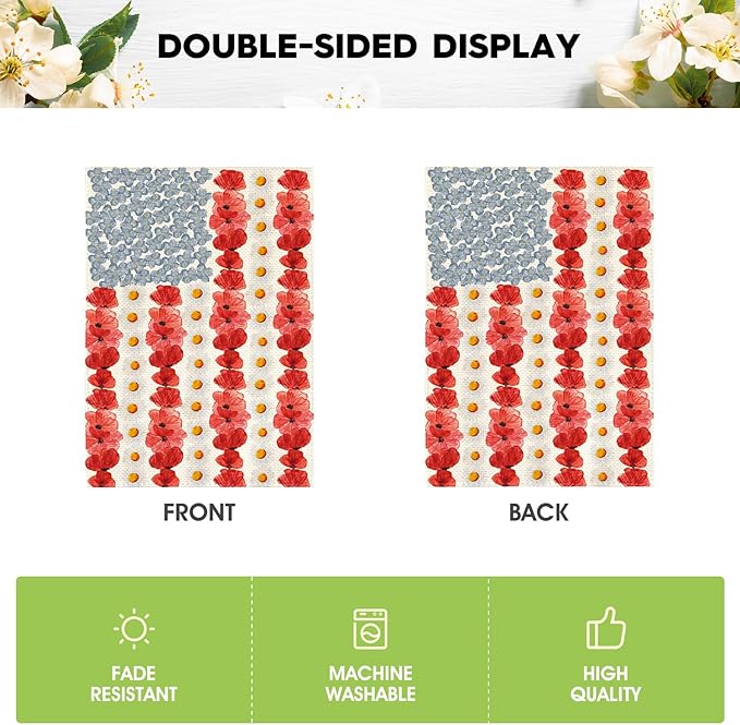 AVOIN colorlife Myosotis Poppy Memorial Day Garden Flag 12x18 Inch Double Sided Outside, Patriotic American Flag Yard Outdoor Decoration