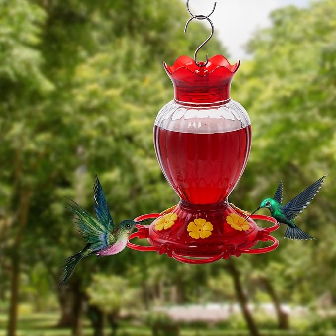 Hummingbird Feeder 20 oz Glass Hummingbird Feeders for Outdoors, with Built-in Ant Guard and Bee Proof - 6 Feeding Ports - Wide Mouth for Easy Filling/2 Part Base for Easy Cleaning
