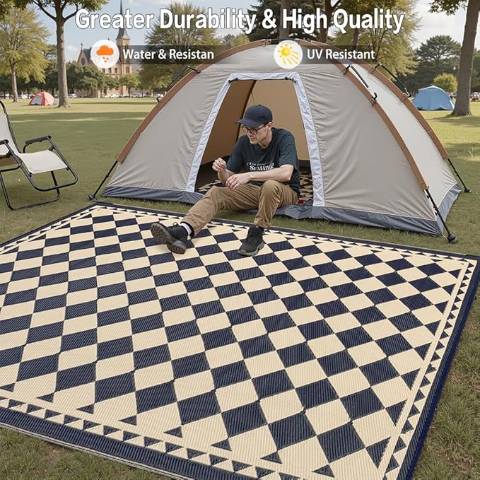 HUGEAR Outdoor Rug for Patios Clearance,Waterproof Mat,Large Outside Carpet,Reversible Plastic Straw Camping Rugs,Rv,Porch,Deck,Camper,Balcony,Backyard (6x9,Checkered/Black&Beige)