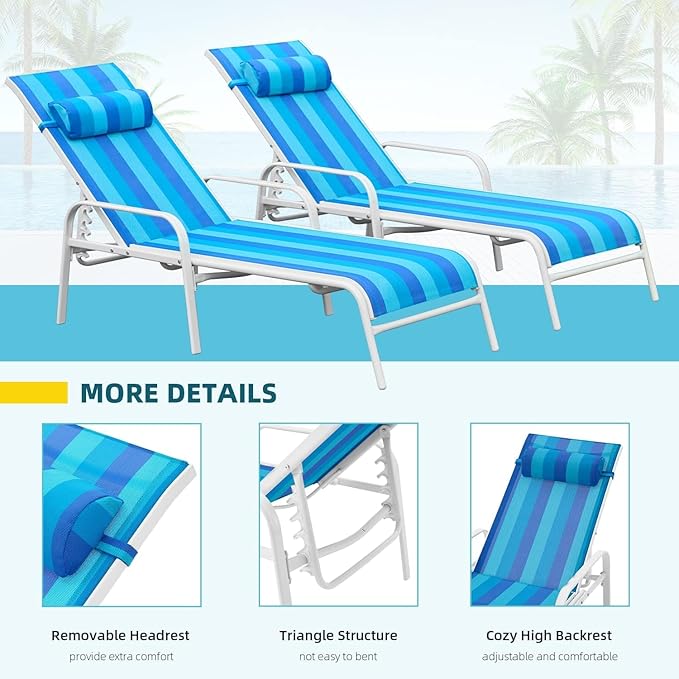 EROMMY Pool Chaise Lounge Chair Set of 2, Outdoor Lounge Chairs with Adjustable Backrest, Waterproof Upgraded Patio Lounge Chairs for Beach Yard Poolside