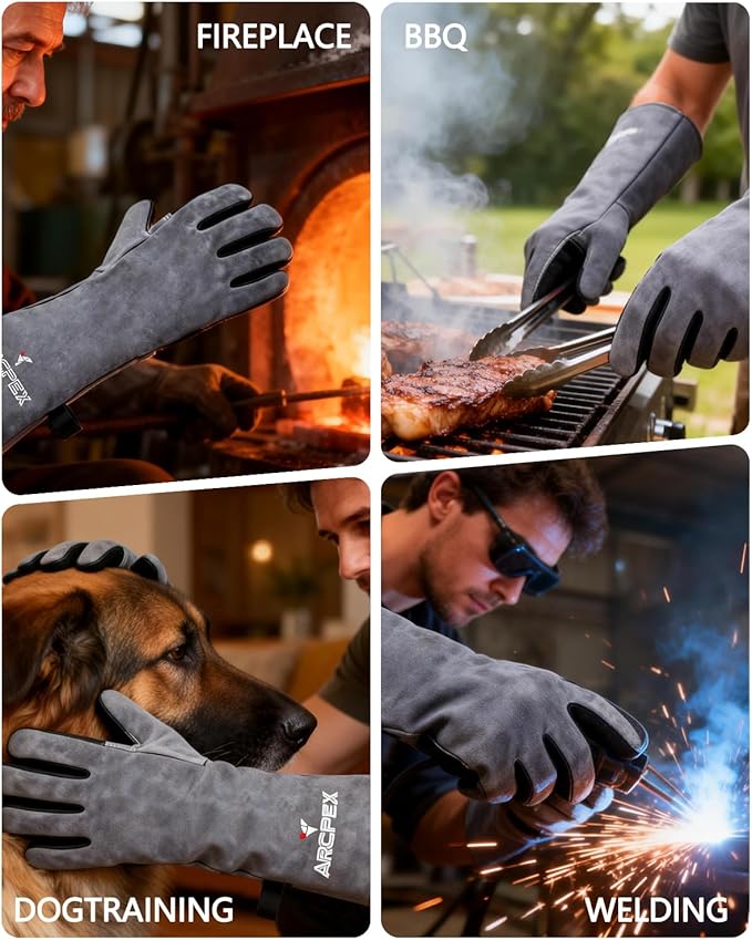 Welding Gloves, 16IN 932℉ Fire Heat Resistant Leather Heavy Duty Work Gloves for Stick Mig Tig Forge BBQ Grill Fireplace Wood Stove Grill Oven XL for Men