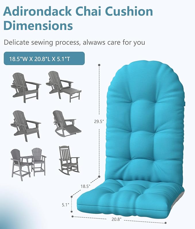 Adirondack Chair Cushion Set of 2, Thickened Patio Chair Cushions with Ties, Waterproof and UV-Protected Rocking Chair Cushion for Indoor and Outdoor, Lake Blue.
