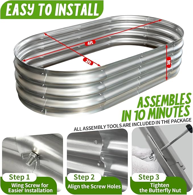 Galvanized Raised Garden Bed Kit, Planter Garden Boxes Outdoor, Oval Large Metal for Vegetables Fruits, Flowers Planter Boxes, Easy Assembly Garden Bed Kit 4x2x1 FT (1-Pack)