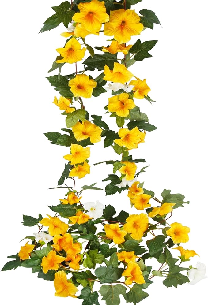 CISDUEO 2 Pcs Artificial Vines for Outdoors Silk Morning Glory Garland 11.5 Ft Hanging Flowers Plants Yellow and White Fake Petunias Vines for Indoor Home Decor Wall Fence Mantle Stairway Mailbox