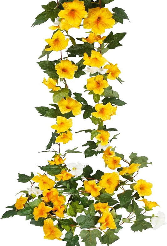 CISDUEO 2 Pcs Artificial Vines for Outdoors Silk Morning Glory Garland 11.5 Ft Hanging Flowers Plants Yellow and White Fake Petunias Vines for Indoor Home Decor Wall Fence Mantle Stairway Mailbox