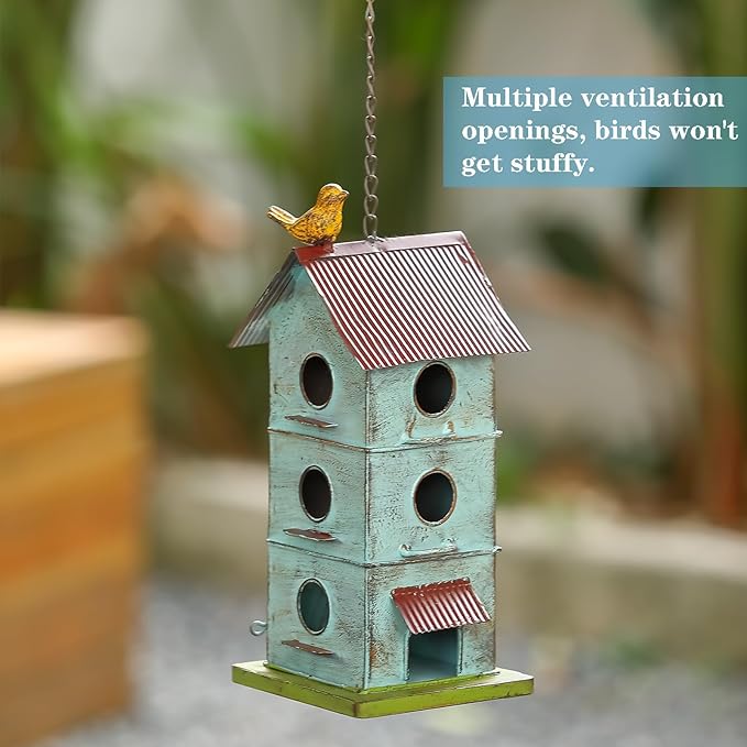 Metal Bird Houses for Outside, 6 Hole Bird Houses for Outside Hanging, Sky Blue Birdhouses for Outdoors Clearance Suitable for Garden Patio Backyard.